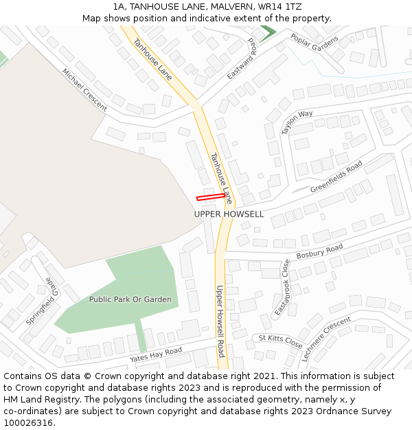 1A, TANHOUSE LANE, MALVERN, WR14 1TZ: Location map and indicative extent of plot