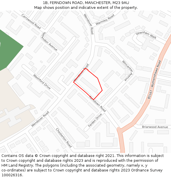 1B, FERNDOWN ROAD, MANCHESTER, M23 9AU: Location map and indicative extent of plot