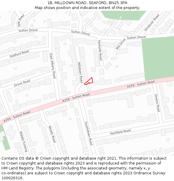 1B, MILLDOWN ROAD, SEAFORD, BN25 3PA: Location map and indicative extent of plot