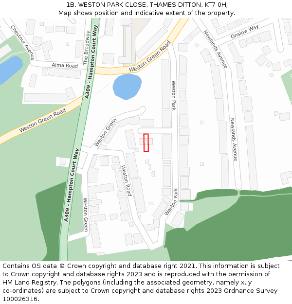 1B, WESTON PARK CLOSE, THAMES DITTON, KT7 0HJ: Location map and indicative extent of plot