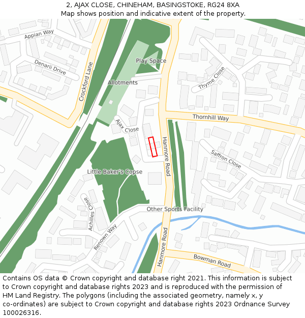 2, AJAX CLOSE, CHINEHAM, BASINGSTOKE, RG24 8XA: Location map and indicative extent of plot