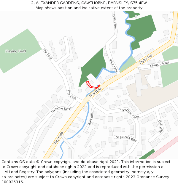 2, ALEXANDER GARDENS, CAWTHORNE, BARNSLEY, S75 4EW: Location map and indicative extent of plot