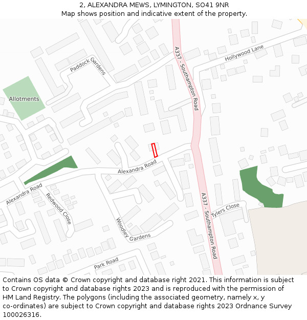 2, ALEXANDRA MEWS, LYMINGTON, SO41 9NR: Location map and indicative extent of plot
