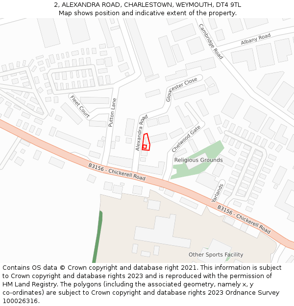 2, ALEXANDRA ROAD, CHARLESTOWN, WEYMOUTH, DT4 9TL: Location map and indicative extent of plot