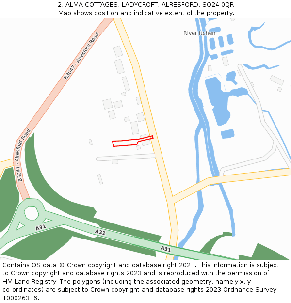 2, ALMA COTTAGES, LADYCROFT, ALRESFORD, SO24 0QR: Location map and indicative extent of plot