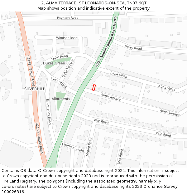 2, ALMA TERRACE, ST LEONARDS-ON-SEA, TN37 6QT: Location map and indicative extent of plot