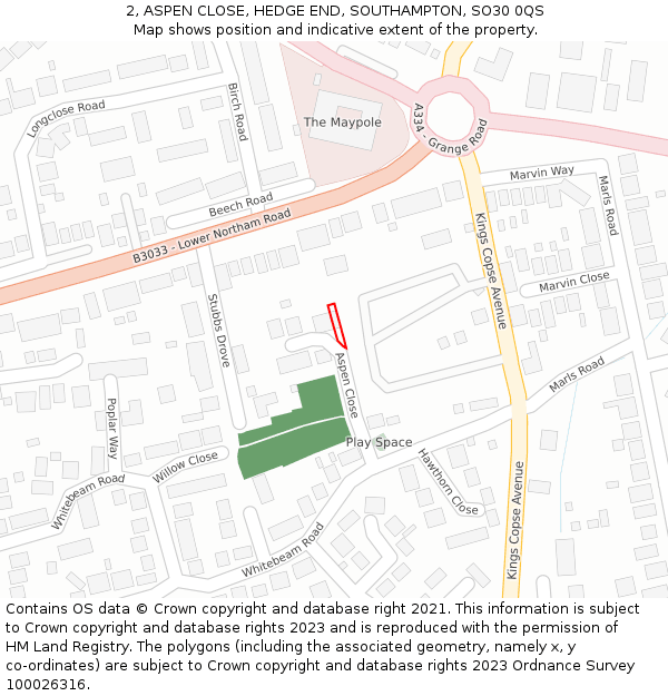 2, ASPEN CLOSE, HEDGE END, SOUTHAMPTON, SO30 0QS: Location map and indicative extent of plot
