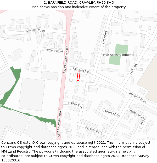 2, BARNFIELD ROAD, CRAWLEY, RH10 8HQ: Location map and indicative extent of plot