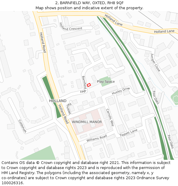 2, BARNFIELD WAY, OXTED, RH8 9QF: Location map and indicative extent of plot