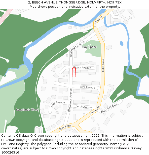 2, BEECH AVENUE, THONGSBRIDGE, HOLMFIRTH, HD9 7SX: Location map and indicative extent of plot
