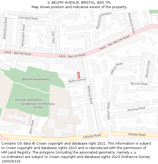 2, BELFRY AVENUE, BRISTOL, BS5 7PL: Location map and indicative extent of plot