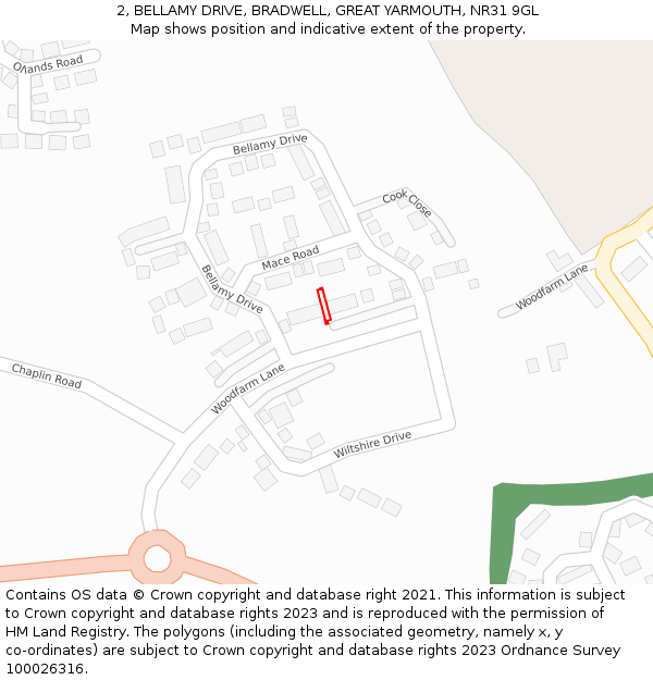 2, BELLAMY DRIVE, BRADWELL, GREAT YARMOUTH, NR31 9GL: Location map and indicative extent of plot