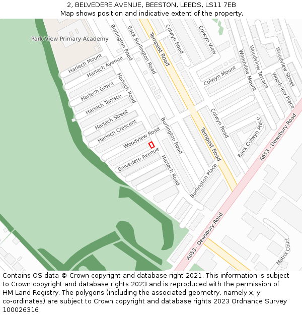 2, BELVEDERE AVENUE, BEESTON, LEEDS, LS11 7EB: Location map and indicative extent of plot
