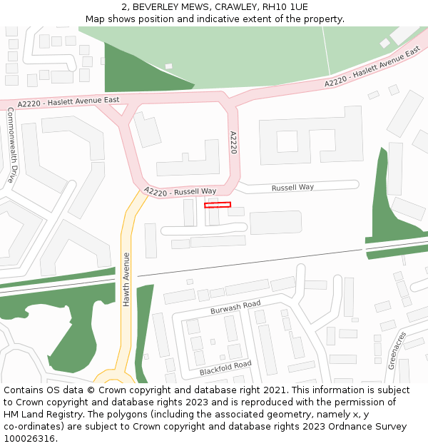 2, BEVERLEY MEWS, CRAWLEY, RH10 1UE: Location map and indicative extent of plot