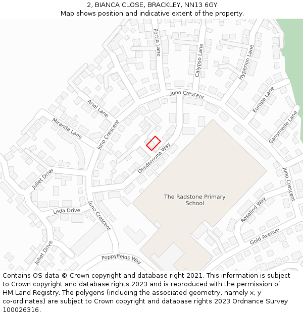 2, BIANCA CLOSE, BRACKLEY, NN13 6GY: Location map and indicative extent of plot