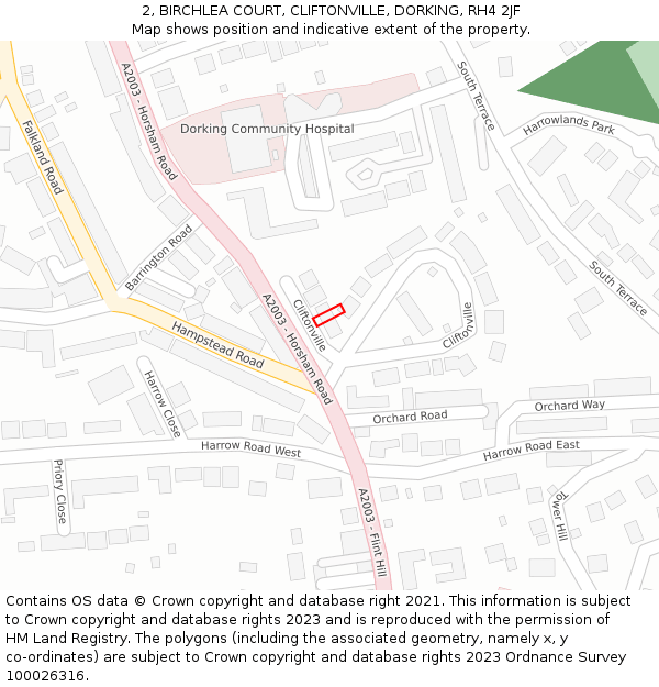 2, BIRCHLEA COURT, CLIFTONVILLE, DORKING, RH4 2JF: Location map and indicative extent of plot