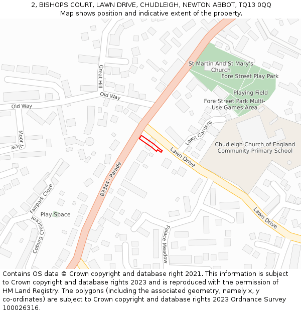 2, BISHOPS COURT, LAWN DRIVE, CHUDLEIGH, NEWTON ABBOT, TQ13 0QQ: Location map and indicative extent of plot