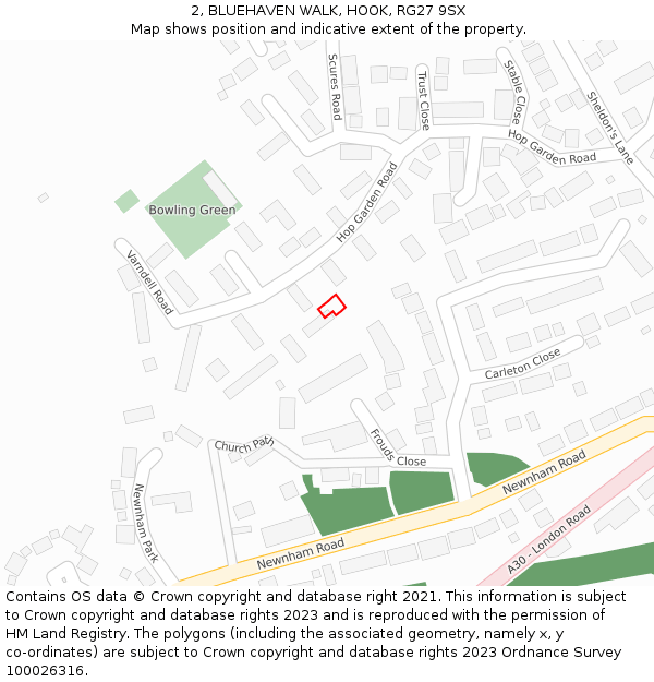2, BLUEHAVEN WALK, HOOK, RG27 9SX: Location map and indicative extent of plot