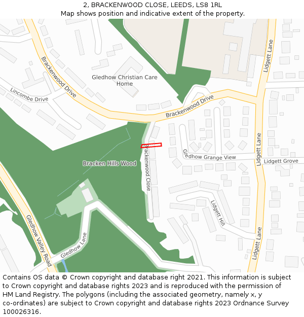 2, BRACKENWOOD CLOSE, LEEDS, LS8 1RL: Location map and indicative extent of plot