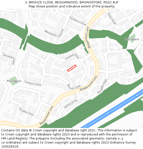 2, BRONZE CLOSE, BEGGARWOOD, BASINGSTOKE, RG22 4UF: Location map and indicative extent of plot