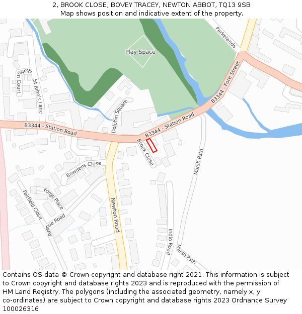 2, BROOK CLOSE, BOVEY TRACEY, NEWTON ABBOT, TQ13 9SB: Location map and indicative extent of plot