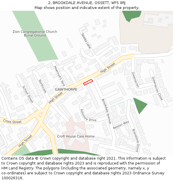 2, BROOKDALE AVENUE, OSSETT, WF5 9RJ: Location map and indicative extent of plot