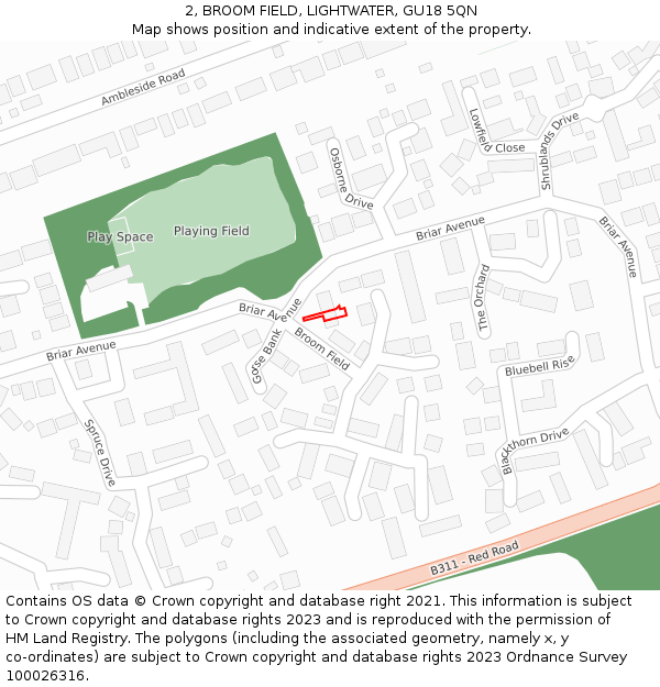 2, BROOM FIELD, LIGHTWATER, GU18 5QN: Location map and indicative extent of plot