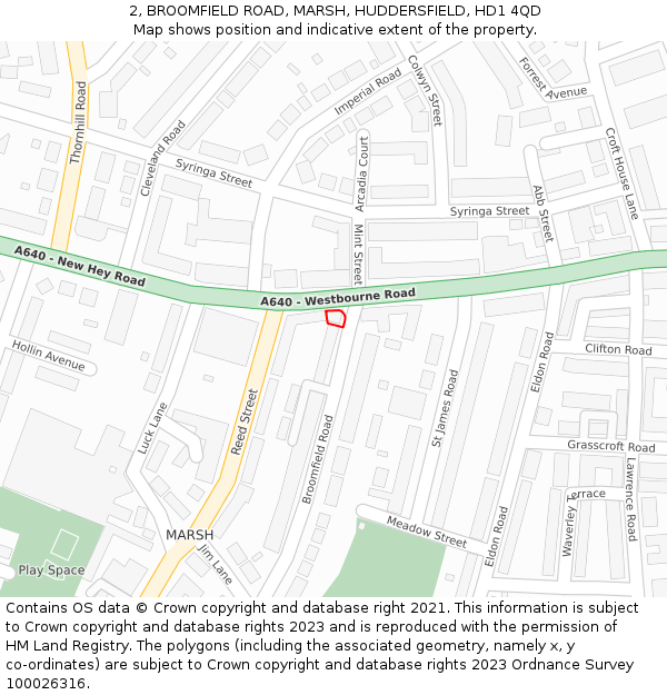 2, BROOMFIELD ROAD, MARSH, HUDDERSFIELD, HD1 4QD: Location map and indicative extent of plot