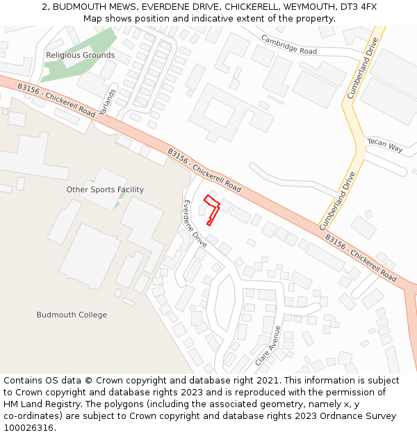 2, BUDMOUTH MEWS, EVERDENE DRIVE, CHICKERELL, WEYMOUTH, DT3 4FX: Location map and indicative extent of plot