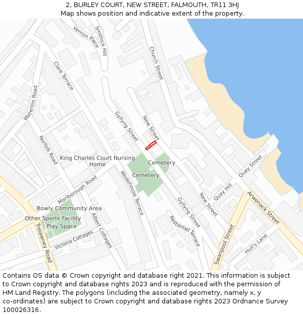 2, BURLEY COURT, NEW STREET, FALMOUTH, TR11 3HJ: Location map and indicative extent of plot