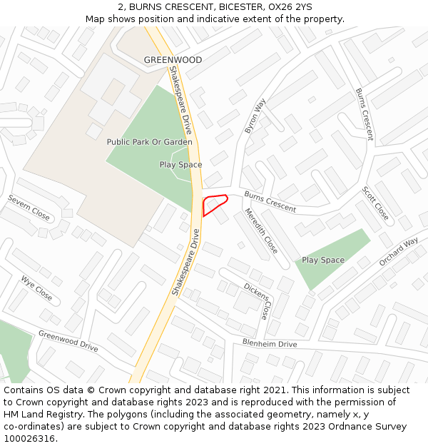 2, BURNS CRESCENT, BICESTER, OX26 2YS: Location map and indicative extent of plot