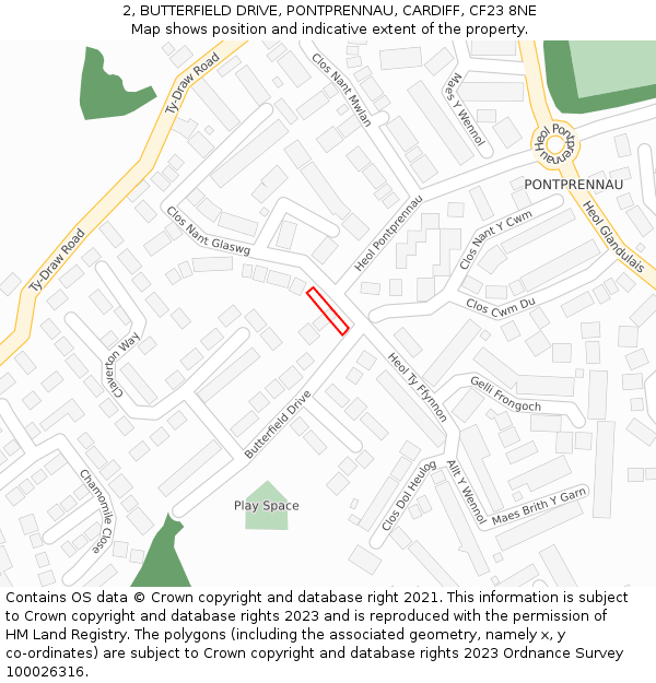 2, BUTTERFIELD DRIVE, PONTPRENNAU, CARDIFF, CF23 8NE: Location map and indicative extent of plot