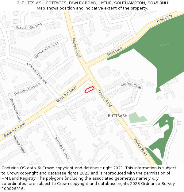 2, BUTTS ASH COTTAGES, FAWLEY ROAD, HYTHE, SOUTHAMPTON, SO45 3NH: Location map and indicative extent of plot