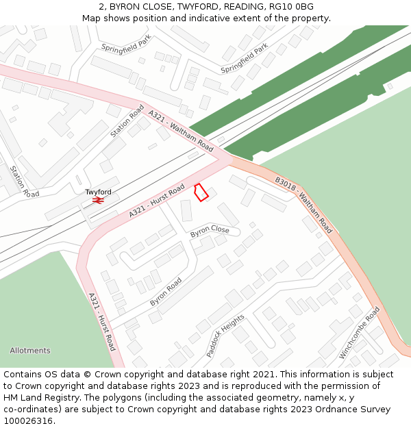 2, BYRON CLOSE, TWYFORD, READING, RG10 0BG: Location map and indicative extent of plot