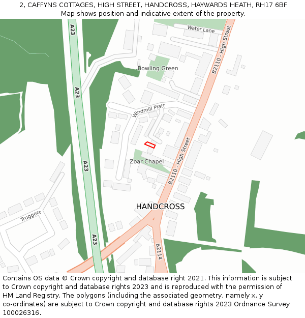 2, CAFFYNS COTTAGES, HIGH STREET, HANDCROSS, HAYWARDS HEATH, RH17 6BF: Location map and indicative extent of plot