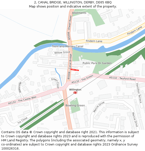 2, CANAL BRIDGE, WILLINGTON, DERBY, DE65 6BQ: Location map and indicative extent of plot