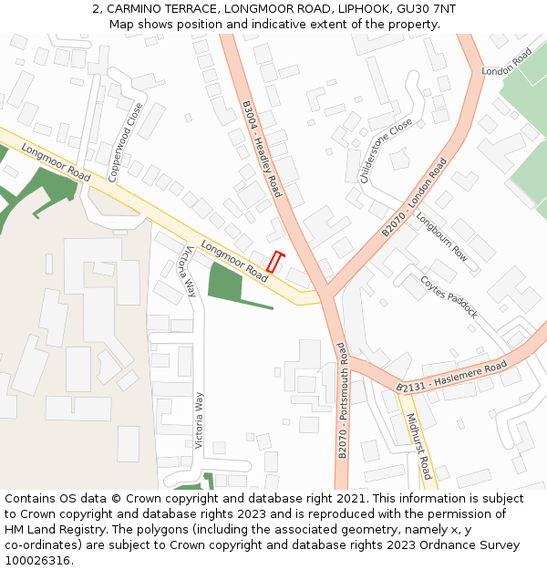 2, CARMINO TERRACE, LONGMOOR ROAD, LIPHOOK, GU30 7NT: Location map and indicative extent of plot