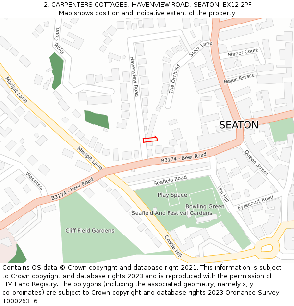2, CARPENTERS COTTAGES, HAVENVIEW ROAD, SEATON, EX12 2PF: Location map and indicative extent of plot