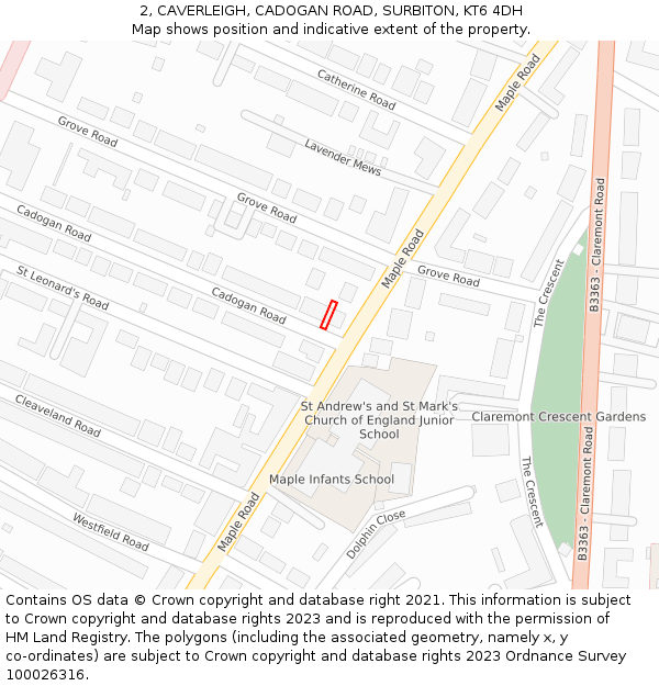 2, CAVERLEIGH, CADOGAN ROAD, SURBITON, KT6 4DH: Location map and indicative extent of plot