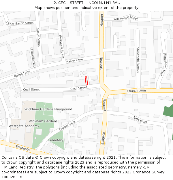2, CECIL STREET, LINCOLN, LN1 3AU: Location map and indicative extent of plot