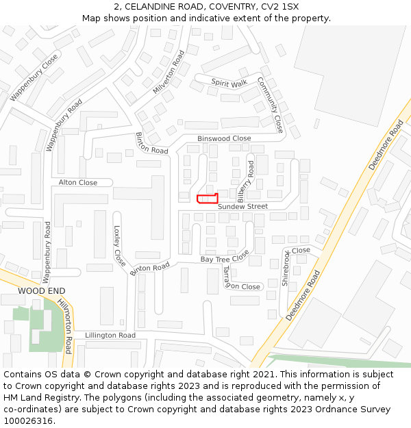 2, CELANDINE ROAD, COVENTRY, CV2 1SX: Location map and indicative extent of plot