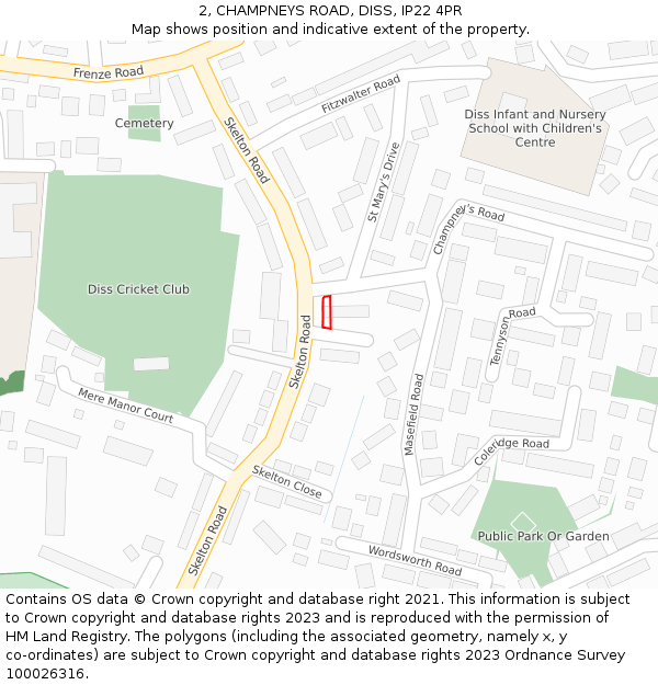 2, CHAMPNEYS ROAD, DISS, IP22 4PR: Location map and indicative extent of plot