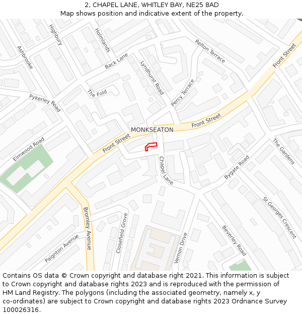 2, CHAPEL LANE, WHITLEY BAY, NE25 8AD: Location map and indicative extent of plot