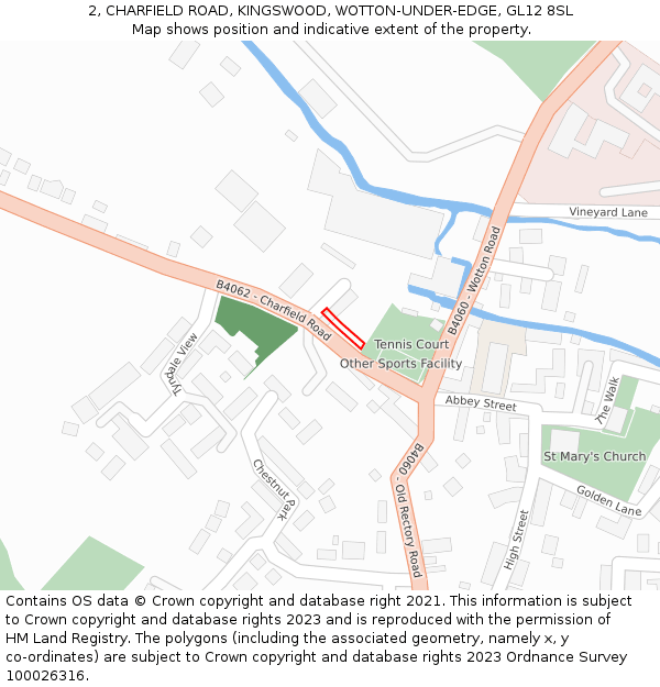 2, CHARFIELD ROAD, KINGSWOOD, WOTTON-UNDER-EDGE, GL12 8SL: Location map and indicative extent of plot