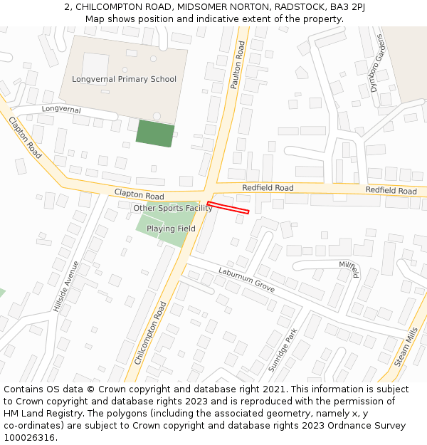 2, CHILCOMPTON ROAD, MIDSOMER NORTON, RADSTOCK, BA3 2PJ: Location map and indicative extent of plot