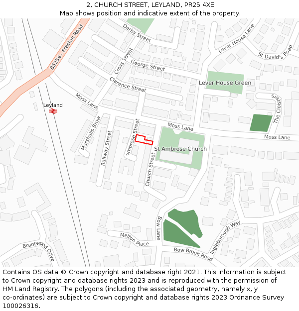 2, CHURCH STREET, LEYLAND, PR25 4XE: Location map and indicative extent of plot