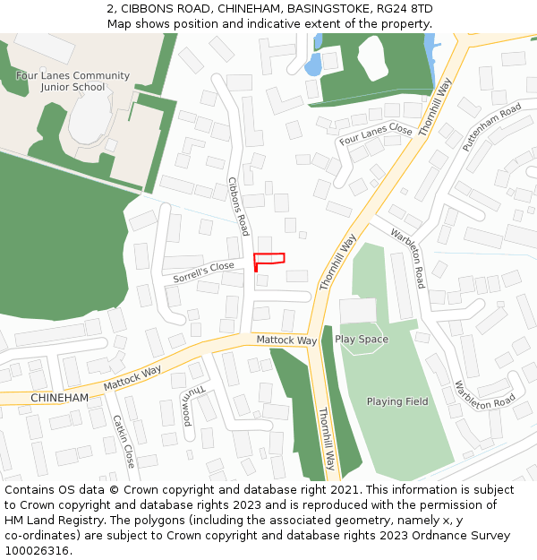 2, CIBBONS ROAD, CHINEHAM, BASINGSTOKE, RG24 8TD: Location map and indicative extent of plot