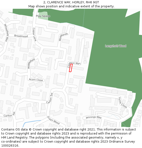 2, CLARENCE WAY, HORLEY, RH6 9GT: Location map and indicative extent of plot