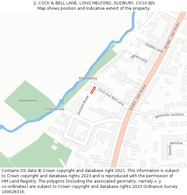 2, COCK & BELL LANE, LONG MELFORD, SUDBURY, CO10 9JN: Location map and indicative extent of plot