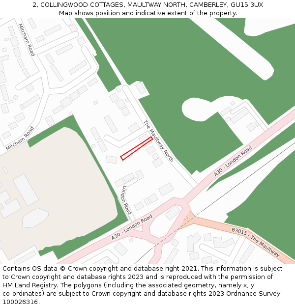 2, COLLINGWOOD COTTAGES, MAULTWAY NORTH, CAMBERLEY, GU15 3UX: Location map and indicative extent of plot